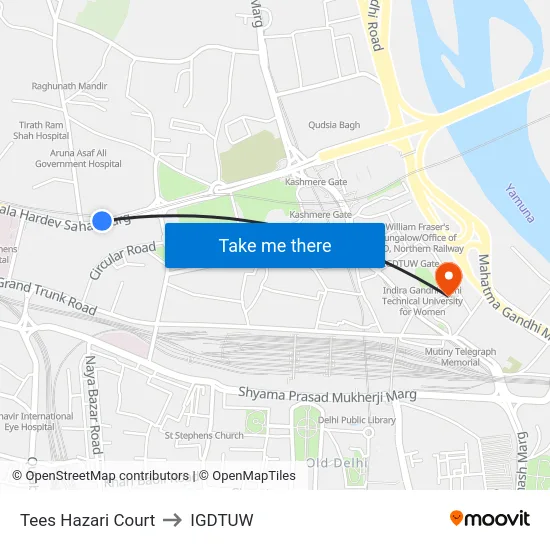 Tees Hazari Court to IGDTUW map