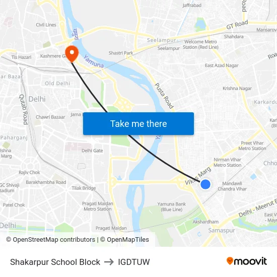 Shakarpur School Block to IGDTUW map