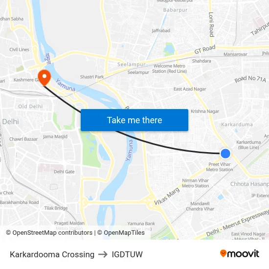 Karkardooma Crossing to IGDTUW map