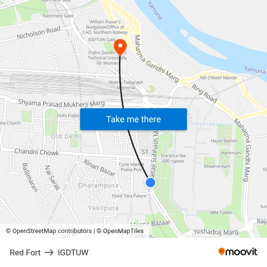 Red Fort to IGDTUW map