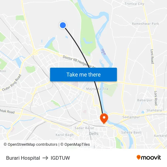 Burari Hospital to IGDTUW map