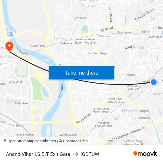 Anand Vihar I.S.B.T Exit Gate to IGDTUW map