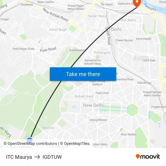ITC Maurya to IGDTUW map