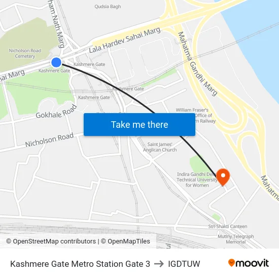 Kashmere Gate Metro Station Gate 3 to IGDTUW map