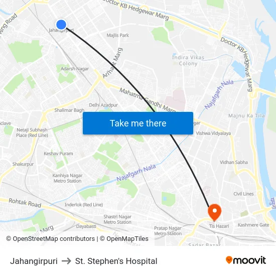 Jahangirpuri to St. Stephen's Hospital map
