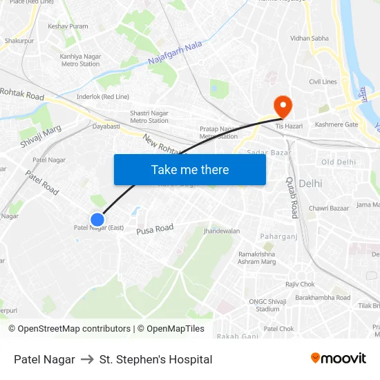 Patel Nagar to St. Stephen's Hospital map