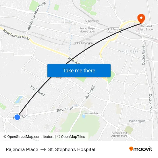 Rajendra Place to St. Stephen's Hospital map