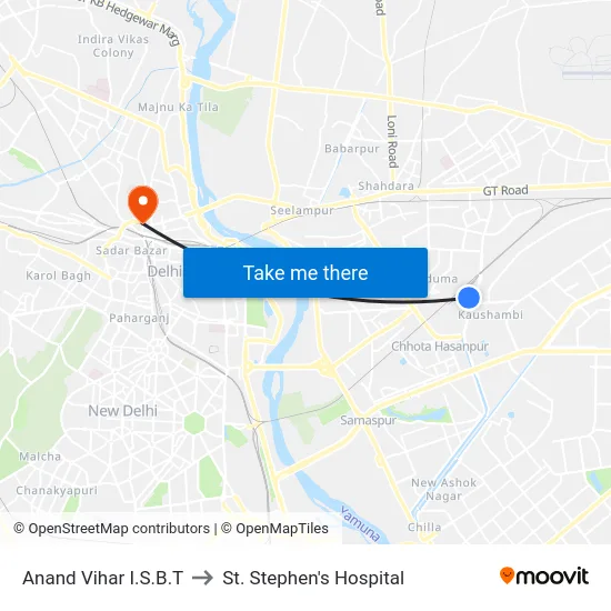 Anand Vihar I.S.B.T to St. Stephen's Hospital map