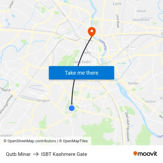 Qutb Minar to ISBT Kashmere Gate map