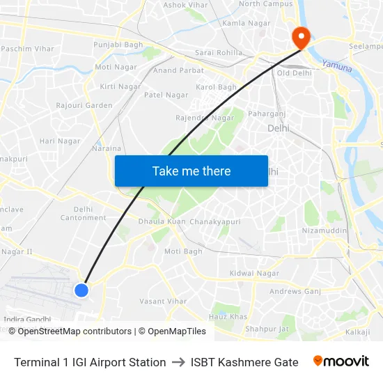 Terminal 1 IGI Airport Station to ISBT Kashmere Gate map