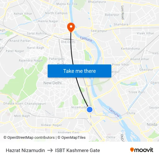 Hazrat Nizamudin to ISBT Kashmere Gate map
