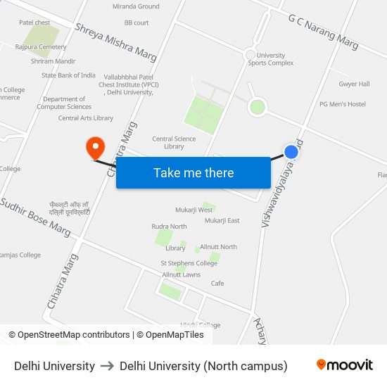 Delhi University to Delhi University (North campus) map