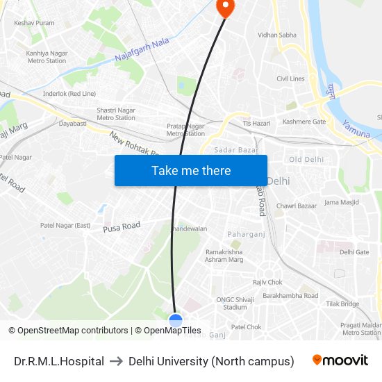 Dr.R.M.L.Hospital to Delhi University (North campus) map