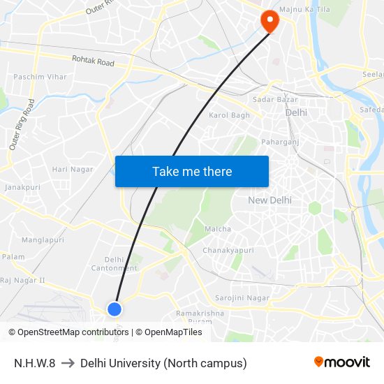 N.H.W.8 to Delhi University (North campus) map