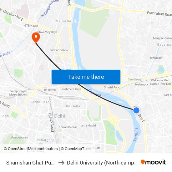 Shamshan Ghat Pusta to Delhi University (North campus) map