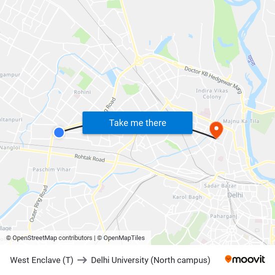 West Enclave (T) to Delhi University (North campus) map