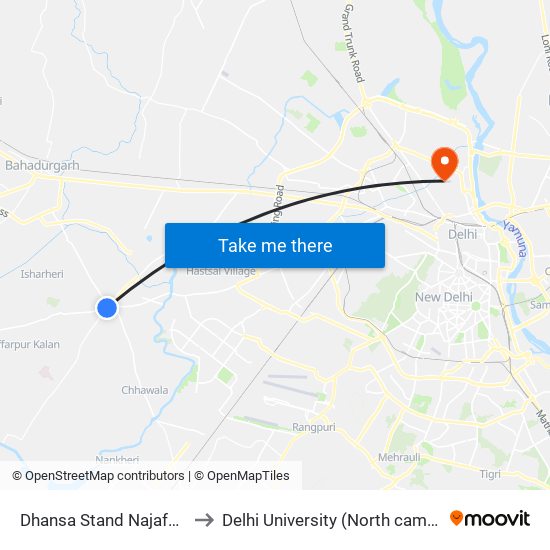 Dhansa Stand Najafgarh to Delhi University (North campus) map