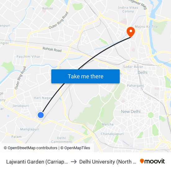 Lajwanti Garden (Carriappa Marg) to Delhi University (North campus) map