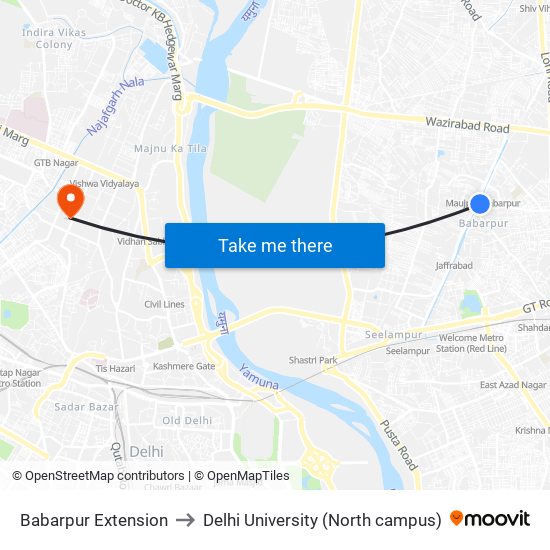 Babarpur Extension to Delhi University (North campus) map