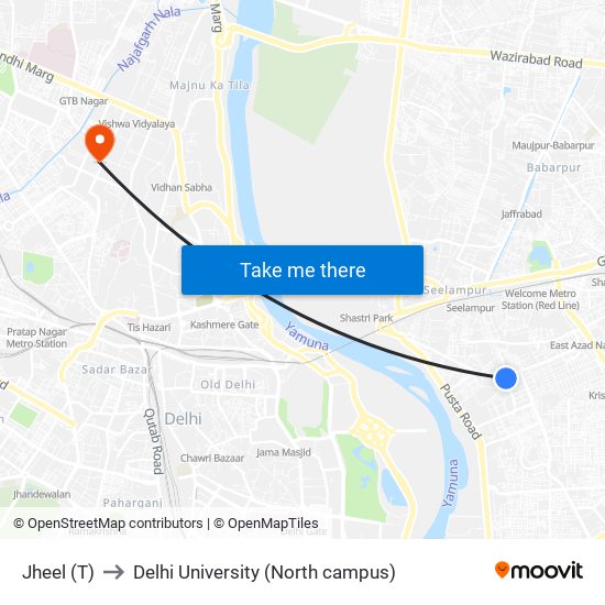 Jheel (T) to Delhi University (North campus) map