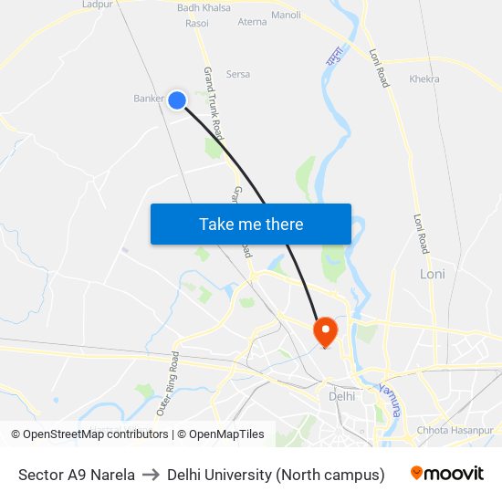 Sector A9 Narela to Delhi University (North campus) map