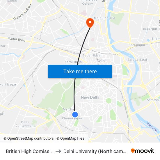 British High Comission to Delhi University (North campus) map