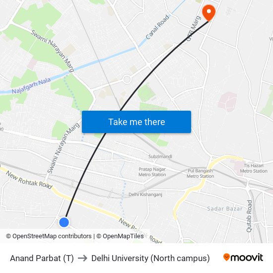 Anand Parbat (T) to Delhi University (North campus) map