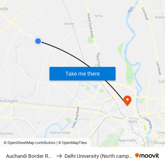 Auchandi Border Road to Delhi University (North campus) map