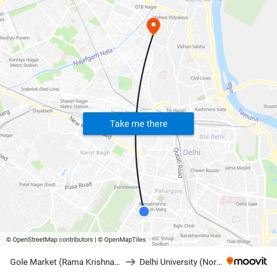 Gole Market (Rama Krishna Ashram Marg) to Delhi University (North campus) map