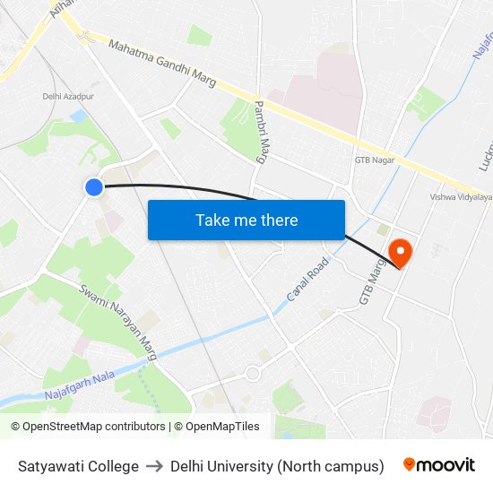 Satyawati College to Delhi University (North campus) map