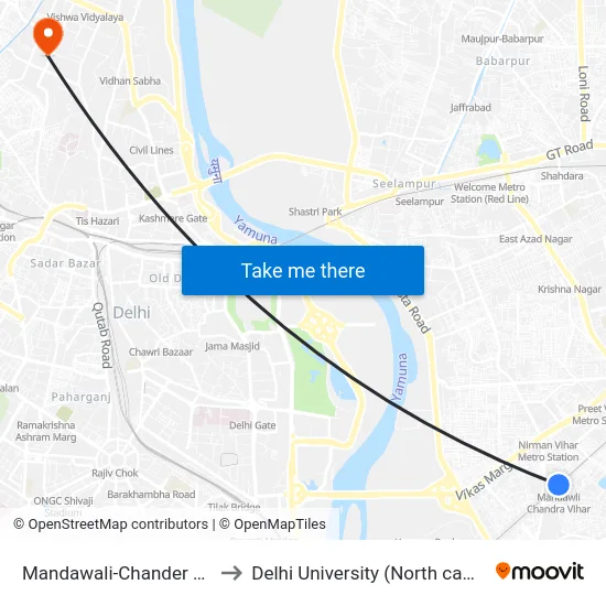Mandawali-Chander Vihar to Delhi University (North campus) map