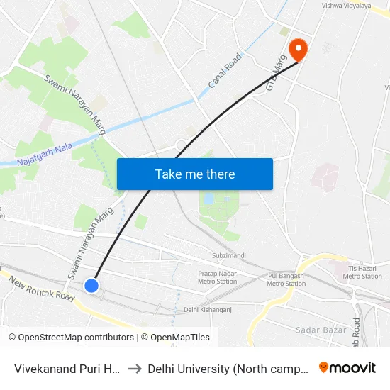 Vivekanand Puri Halt to Delhi University (North campus) map