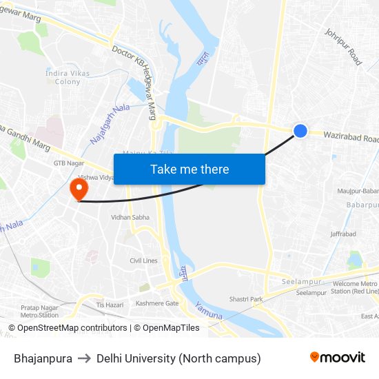 Bhajanpura to Delhi University (North campus) map