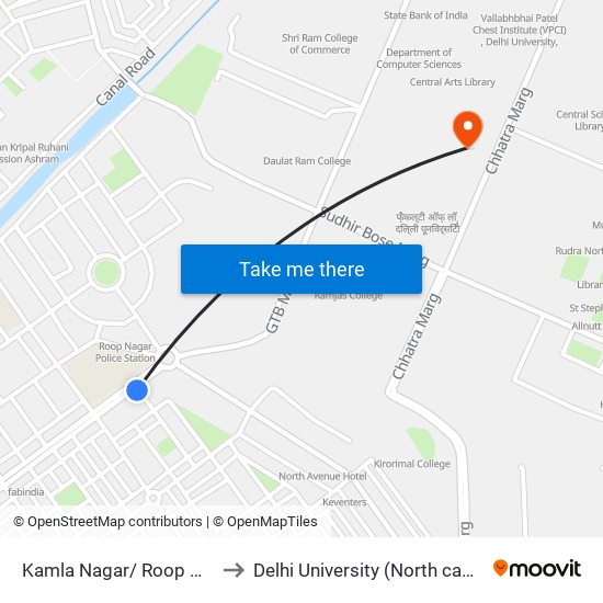 Kamla Nagar/ Roop Nagar to Delhi University (North campus) map