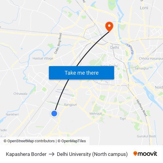 Kapashera Border to Delhi University (North campus) map