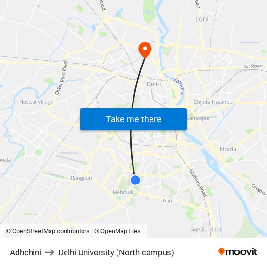 Adhchini to Delhi University (North campus) map