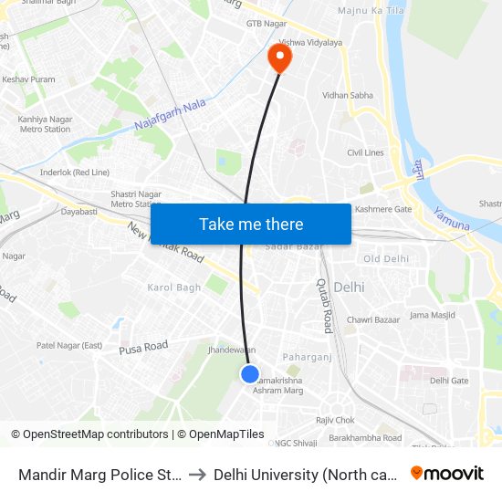 Mandir Marg Police Station to Delhi University (North campus) map
