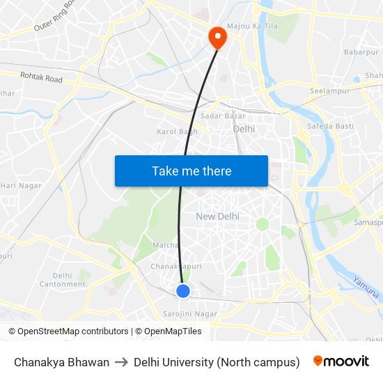 Chanakya Bhawan to Delhi University (North campus) map