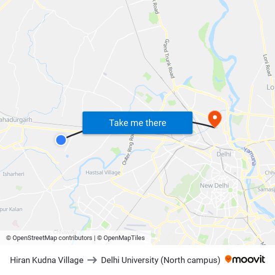 Hiran Kudna Village to Delhi University (North campus) map