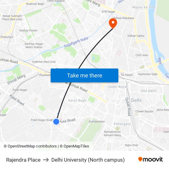Rajendra Place to Delhi University (North campus) map