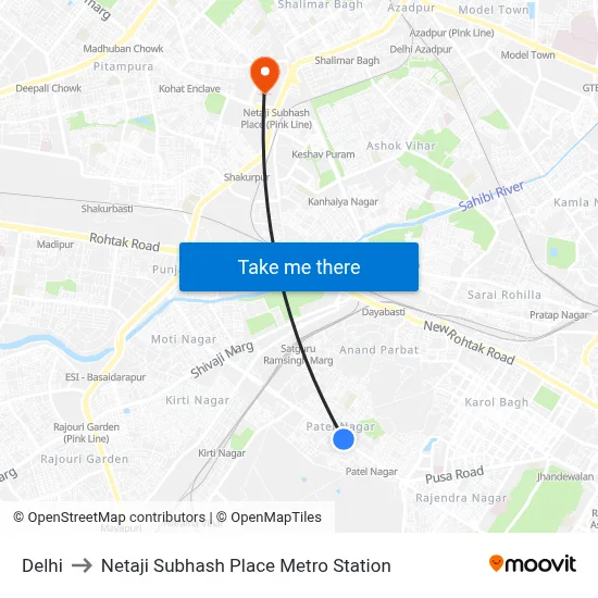 Delhi to Netaji Subhash Place Metro Station map
