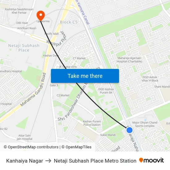 Kanhaiya Nagar to Netaji Subhash Place Metro Station map