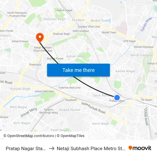 Pratap Nagar Station to Netaji Subhash Place Metro Station map