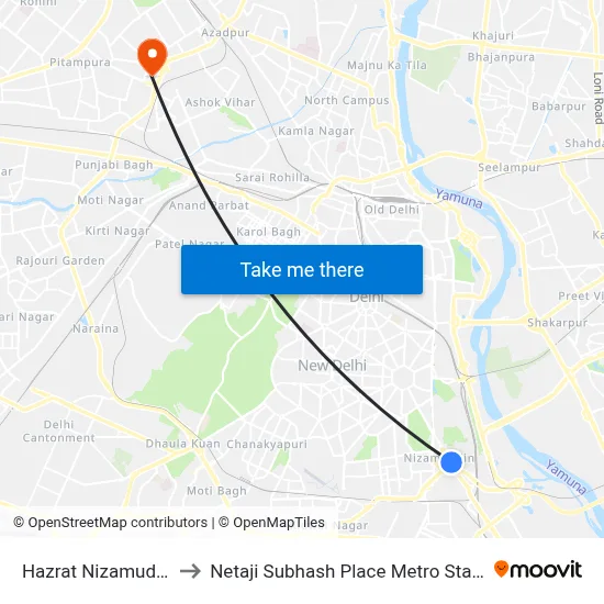 Hazrat Nizamuddin to Netaji Subhash Place Metro Station map