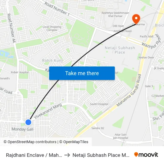 Rajdhani Enclave / Mahindra Park to Netaji Subhash Place Metro Station map