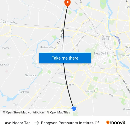 Aya Nagar Terminal to Bhagwan Parshuram Institute Of Technology map