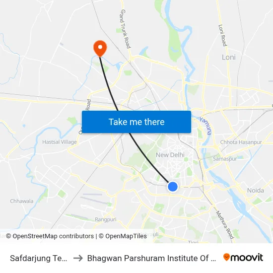 Safdarjung Terminal to Bhagwan Parshuram Institute Of Technology map