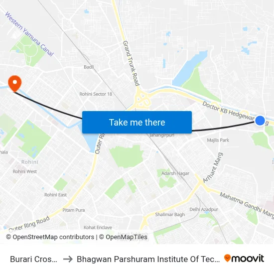 Burari Crossing to Bhagwan Parshuram Institute Of Technology map