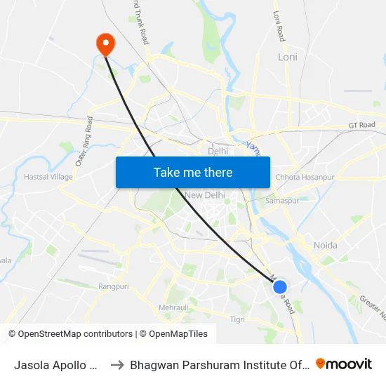 Jasola Apollo Hospital to Bhagwan Parshuram Institute Of Technology map