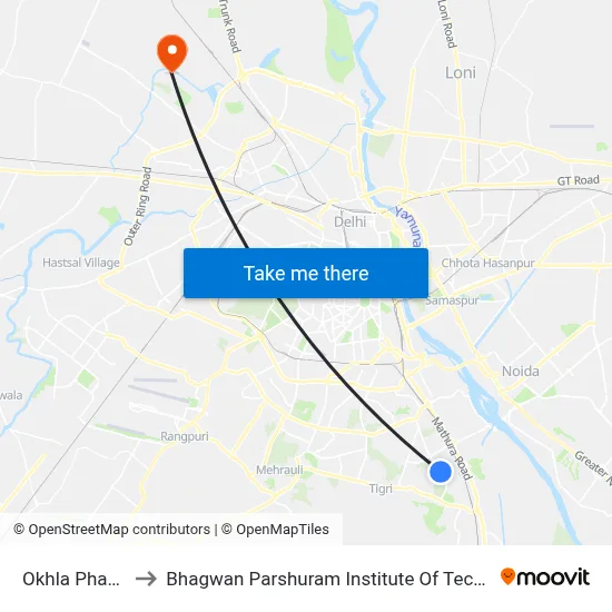 Okhla Phase 1 to Bhagwan Parshuram Institute Of Technology map